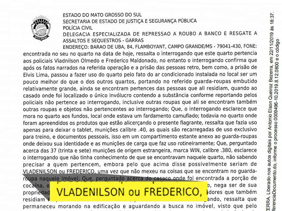 Trecho do depoimento de Rafael Grandini depois da prisão na sexta-feira cita policiais já presos pela Omertà como frequentadores da casa onde estava porção, em Ponta Porã. (Foto: Reprodução de auto de prisão)