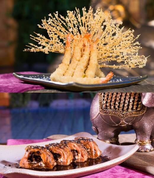 Asiatica - Tempura ebi - camarões empanados acompanhados ao molho tentsuyu. - Hot shimeji - shimeji salteado na manteiga enrolado no salmão grelhado e molho tarê - Foto Divulgação