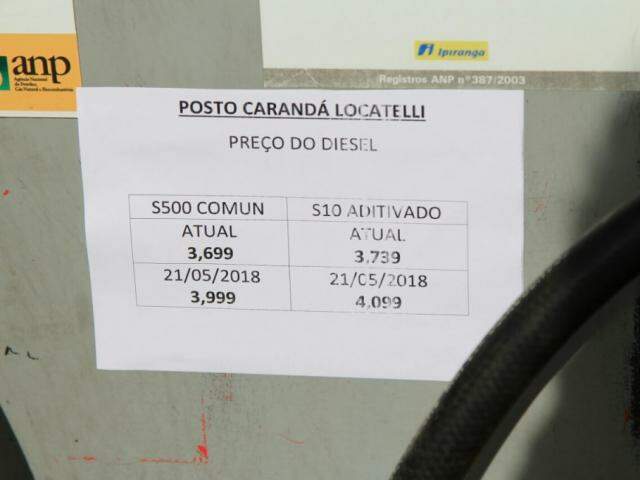 Posto em Campo Grande já está cumprindo a portaria e fixou cartaz com preços do diesel nesta quarta (Foto: Marina Pacheco)