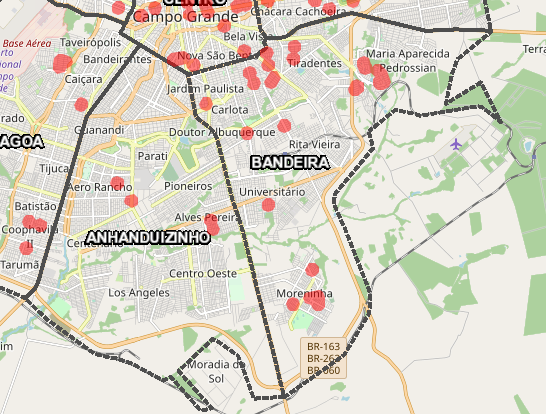 Mapa mostra casos confirmados do novo coronavírus no Aero Rancho e Alves Pereira, ambos na região urbana do Anhanduizinho. Para acessar o mapa clique no link no fim da reportagem. (Foto: Reprodução)