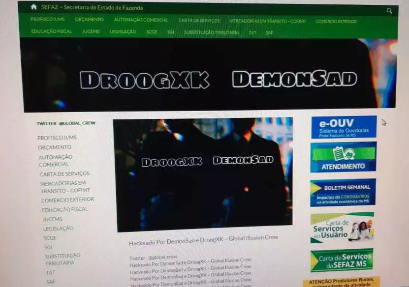 Postagem feita por hacker no site da Sefaz (Secretaria de Estado de Fazenda) (Foto: Direto das Ruas)