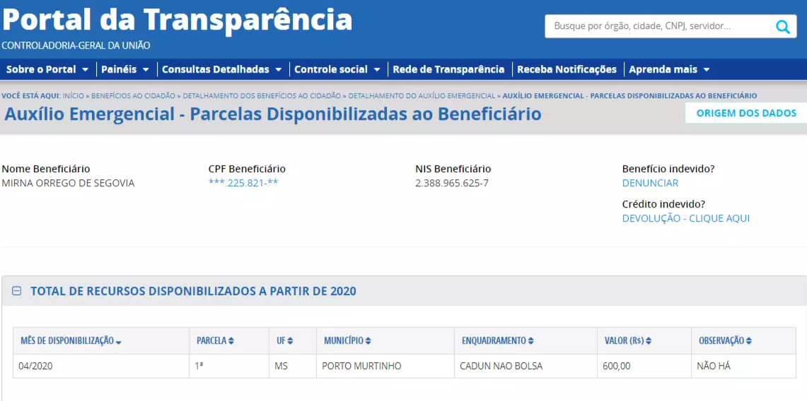 Portal da Transparência do governo federal mostra nome de prefeita de cidade paraguaia na lista de beneficiários de auxílio (Foto: Reprodução)