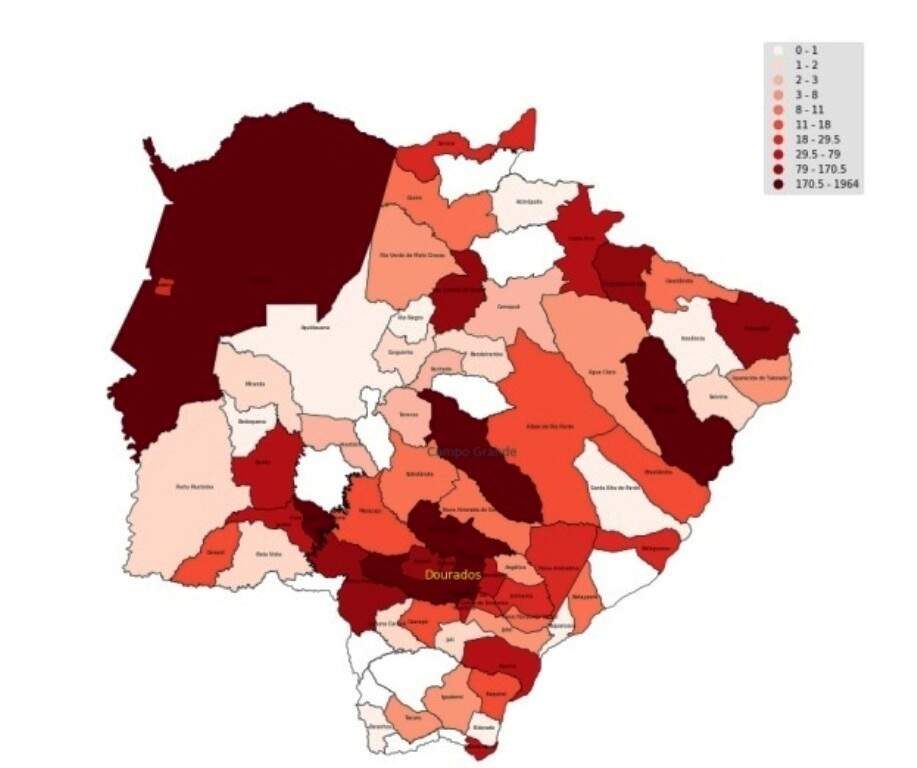 Mapa mostra concentração de casos de covid-19 em cidades vizinhas de Dourados (Arte: Reprodução)