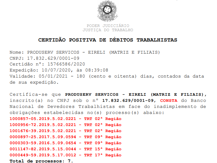Produserv tem d&iacute;vidas trabalhistas, conforme informa certid&atilde;o da Justi&ccedil;a do Trabalho. (Foto: Reprodu&ccedil;&atilde;o)