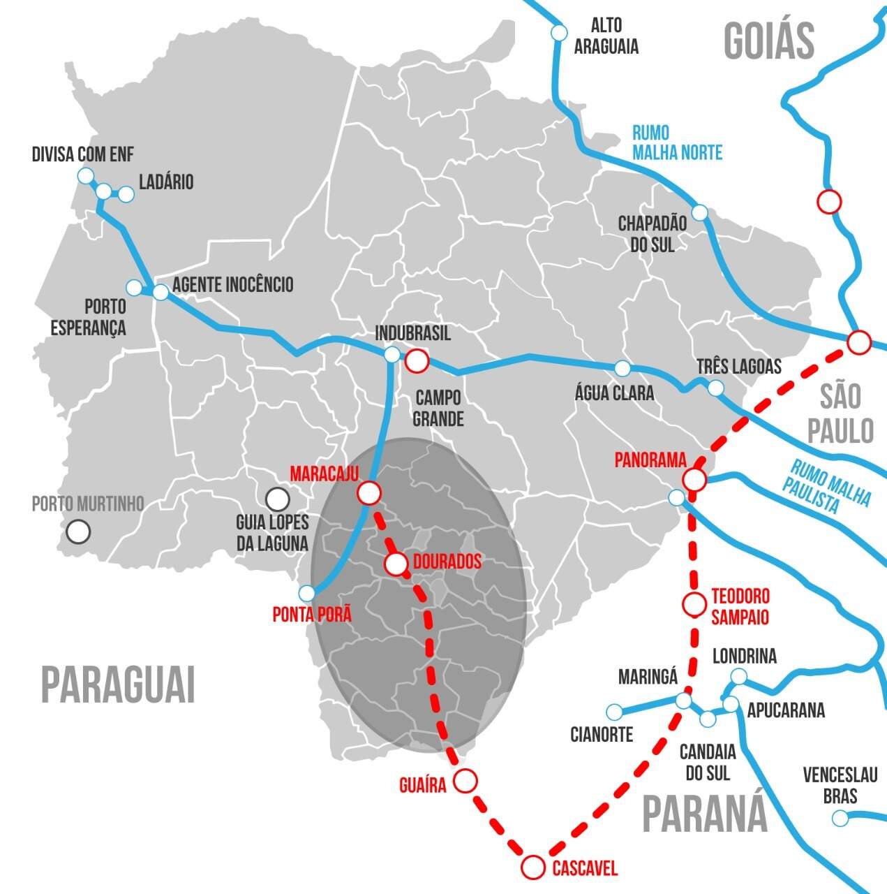 Linha tracejada em vermelho mostra traçado que terá a Nova Ferroeste no Estado (Infográfico: Thiago Mendes)