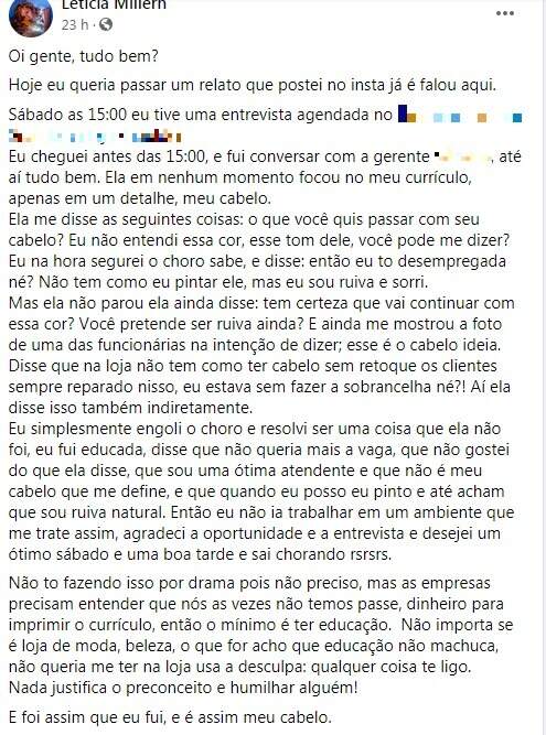 Postagem de Letícia em rede social. (Foto: Arquivo Pessoal)