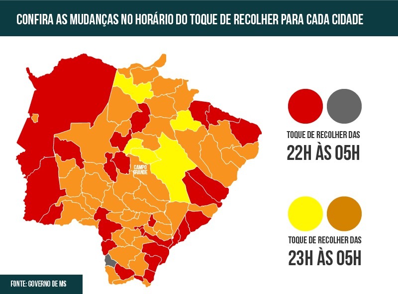 Em vermelho e cinza, horário segue de 22h às 5h; Em amarelo e laranja, será das 23h às 5h (Arte: Ricardo Gael)