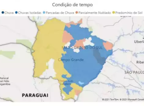 Mapa indica onde tem previsão de chuva nesta segunda em MS (Foto: Reprodução/Cemtec)
